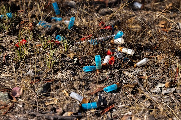 Empty shotgun shells litter the border of Jimmy’s property, where he allows shooters to hunt.