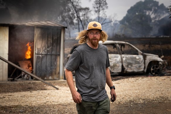 Wyatt Moncrieff at their property near Longwood East. The fire came right to their back door, and their neighbour’s house burnt down.