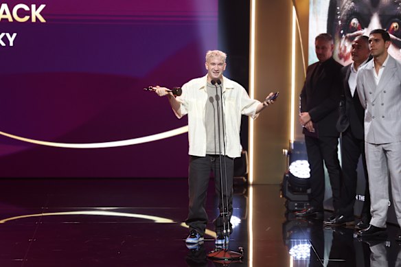 Danny Philippou receives the AACTA award for best cinematography in film on behalf of Aaron McLisky for Bring Her Back. 