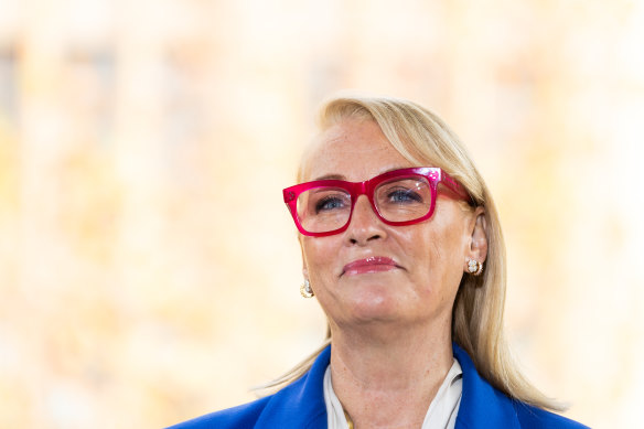 Lord Mayor Sally Capp announcing her final City of Melbourne budget at the Town Hall on Tuesday. 