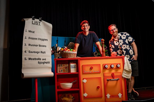 Jared Harford and Signor Baffo, aka Joshua Burton, on set.