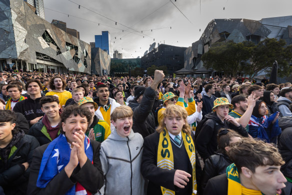Crowds at Federation Square for the Australia versus France match.
