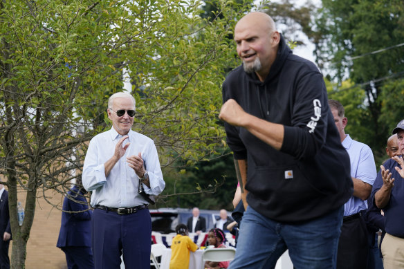 Two average Joes: President Joe Biden watches as Pennsylvania’s Democratic Lieutenant Governor John Fetterman takes to the stage at a United Steelworkers of America event in West Mifflin, Pennsylvania, to honour workers on Labour Day.