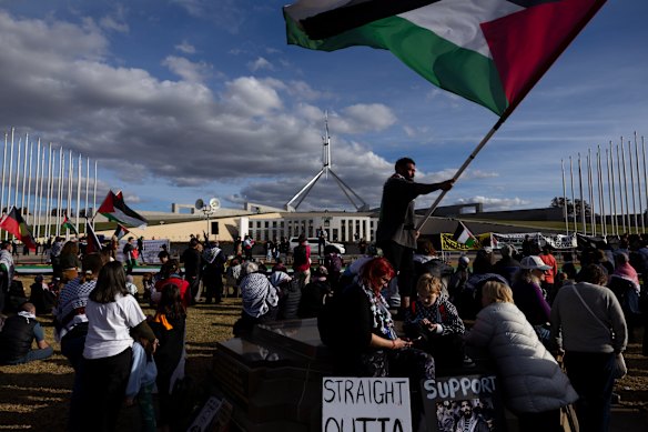 A pro-Palestine protest takes place on the lawns in front of Parliament House ahead of the opening of the 48th parliament.