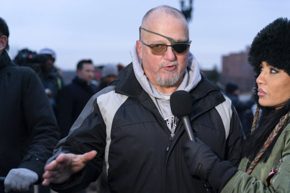 President Donald Trump supporter and Oath Keepers founder Stewart Rhodes who was convicted on charges relating to the January 6 riots at the US Capitol, talks to reporters after being released.