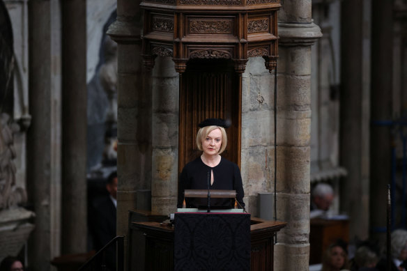 British Prime Minister Liz Truss speaks in Westminster Abbey during the State Funeral of Queen Elizabeth II.