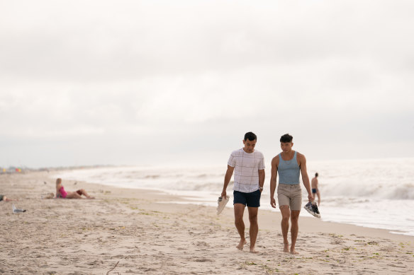 Conrad Ricamora and Joel Kim Booster in the film Fire Island, an unapologetic, modern day romantic comedy.