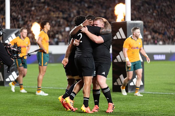 Codie Taylor celebrates a try for the All Blacks.