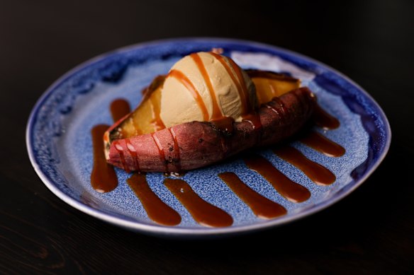 Roasted Japanese sweet potato with hojicha ice-cream and caramel sauce.