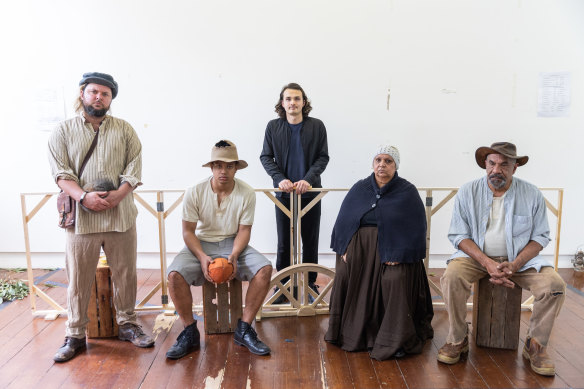 Playwright Brodie Murray (rear centre) with the cast of The Whisper, Jaedan Williams, Ben Fei, Nellie Flagg and Greg Fryer. 