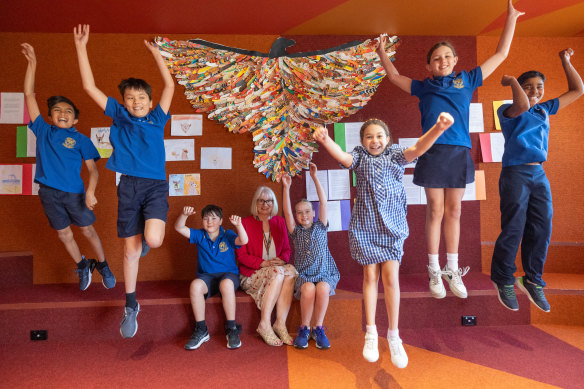 Pascoe Vale Primary School principal Anne Naughton with (from left): Oliver Josef, Leo Tippett, Joshua Hogan, Isabella Gellatly, Zara Atyah, Violet Gleeson and Mahith Fernando.