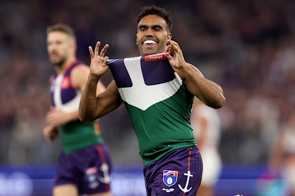 Isaiah Dudley of the Dockers celebrates a stunning goal.
