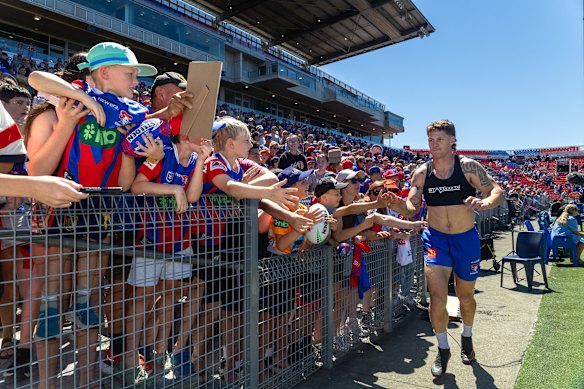 Newcastle captain Kalyn Ponga meets fans at McDonald Jones Stadium.