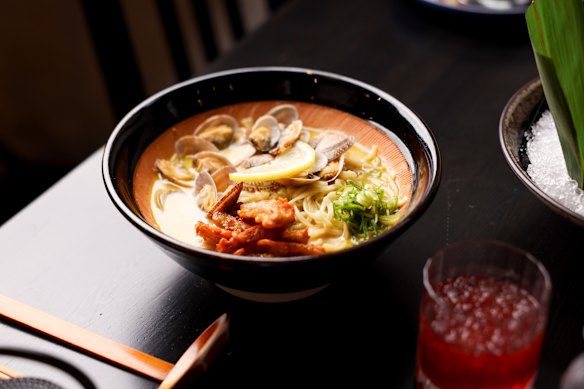 Seafood creamy tonkotsu clams ramen is a bonanza of just-opened bivalves.