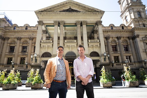 City of Port Phillip Mayor Alex Makin and City of Yarra Mayor Stephen Jolly pose outside Melbourne Town Hall.