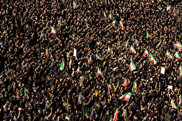 Thousands gather in Enghelab Square in Tehran for a pro-government demonstration after Iranian state media confirmed the death of Ayatollah Ali Khamenei. 