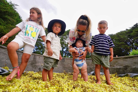 Lisa Sapounas de Dingley Village com seus filhos Kristina, 5, Yianni, 2, Alexander, 6 meses, e Dimitri, 3, em Red Hill.