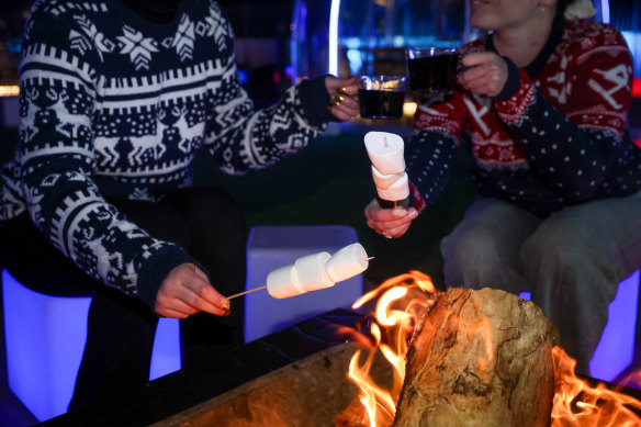 Toasting marshmallows on the fire.