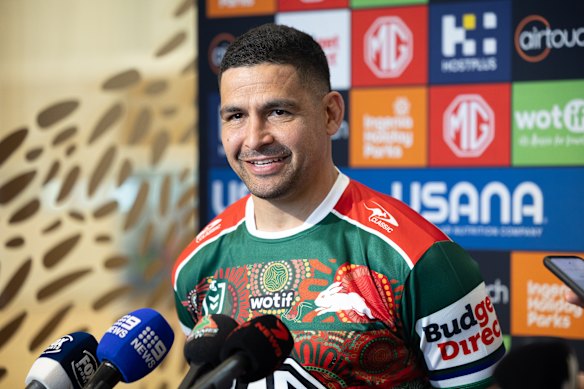 Souths five-eighth Cody Walker speaks to reporters ahead of Indigenous Round.