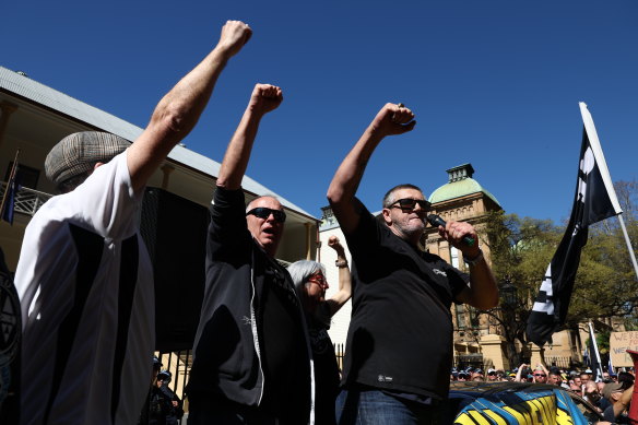 Former CFMEU leaders Rob Kera, Rita Mallia and Darren Greenfield at the protest outside Parliament House in Sydney.