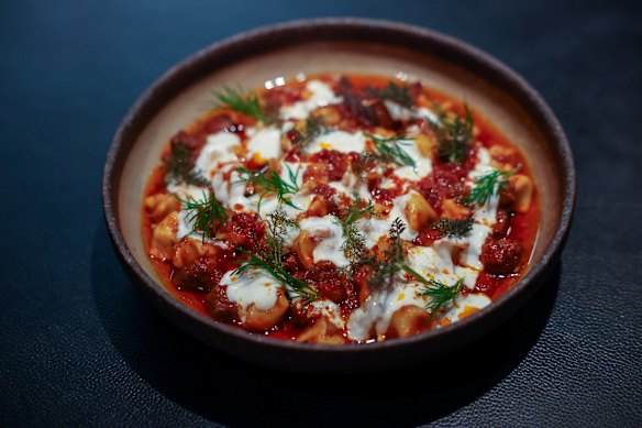 Turkish beef dumplings, braised beef shin, burnt butter with urfa pepper and smoked yoghurt.