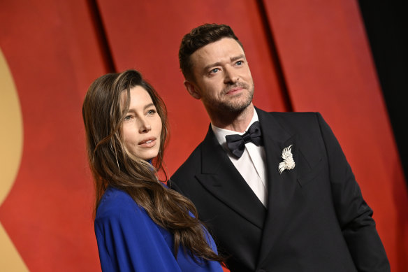 Justin Timberlake, with wife Jessica Biel, at the Vanity Fair Oscar Party this month.
