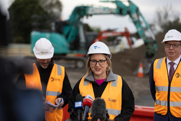 Premier Jacinta Allan, pictured in August at early works for the Suburban Rail Loop project.