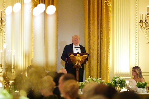 President Donald Trump speaks during the state dinner.
