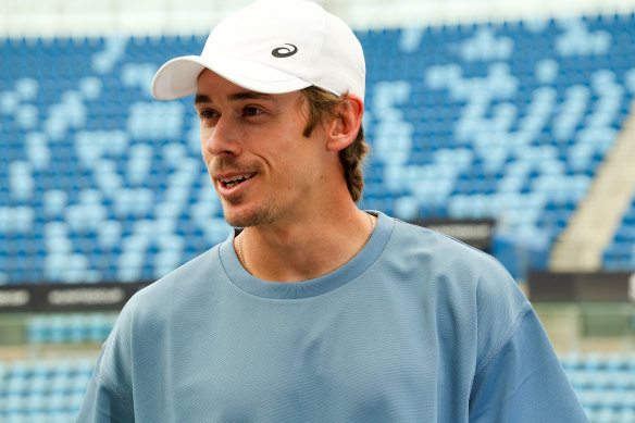 Alex de Minaur speaks to the media in Sydney before a practice session on Ken Rosewall arena.