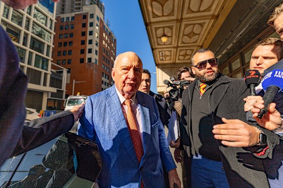 Alan Jones arrives at the Downing Centre Local Court of the second day of his criminal trial.