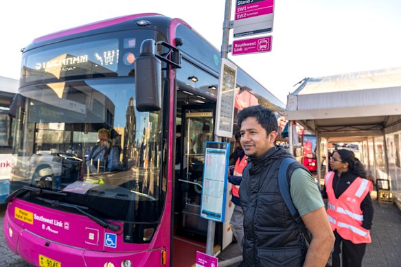 Uzair Saeed boards a pink bus from Bankstown station in May. Soon he’ll be able to catch the metro.