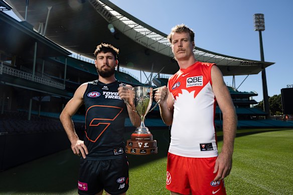 Lachie Ash of the Giants and Nick Blakey of the Swans with the Sydney derby cup on Tuesday.