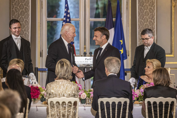 US President Joe Biden with French President Emmanuel Macron at the Elysee Palace dinner.