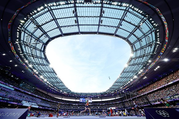 Femke Bol of Team Netherlands (C) competes during the Women’s 400m Hurdles Semi-Final