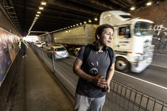 Mateo Flores on narrow pathway at the Tottenham underpass.