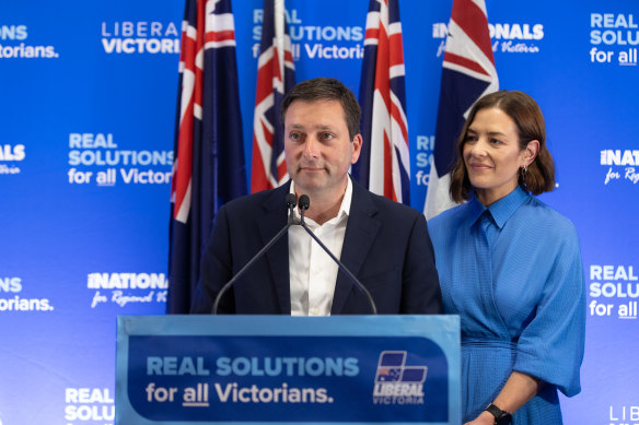 Matthew Guy (with wife Renae) concedes defeat in last month’s election.