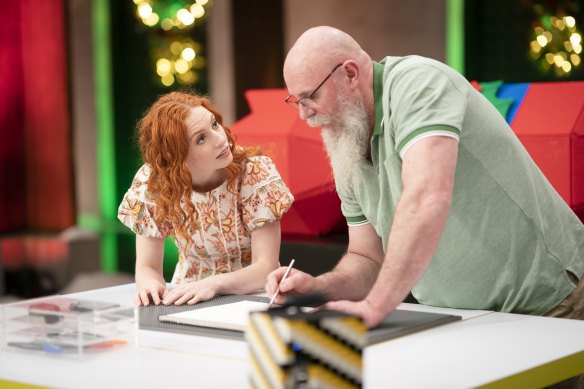 Emma Watkins with her newly-minted bestie, G, in the Lego Masters Bricksmas Special.