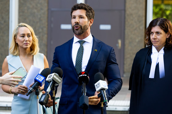 Heston Russell and his lawyers Rebekah Giles and Sue Chrysanthou, SC, outside the Federal Court in Sydney on Monday.