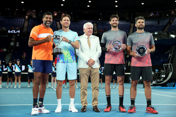 Rohan Bopanna of India and Matthew Ebden of Australia pose alongside Simone Bolelli and Andrea Vavassori of Italy after their men’s doubles final match.