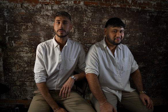 Hairdressers Sean Fullerton (left) and Wade-William Ambler both experienced hair loss in their 20s and now wear hair replacement systems.
