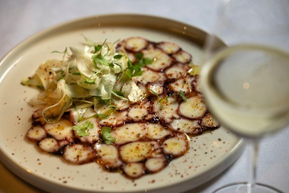 Carpaccio of octopus with sweet pickled fennel and spices.
