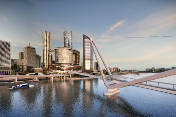 An artist’s impression of Queen’s Wharf Brisbane, which is set for a staged opening from August 2024.