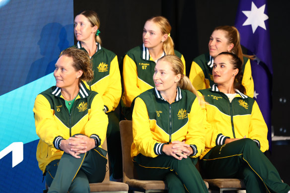 Team Australia Daria Saville, Arina Rodionova, Storm Hunter, Ellen Perez, Taylah Preston and Captain Sam Stosur during the Official Draw at Howard Smith Wharves ahead of the Billie Jean King Cup tie between Australia and Mexico at Pat Rafter Arena on April 11, 2024 in Brisbane, Australia. 