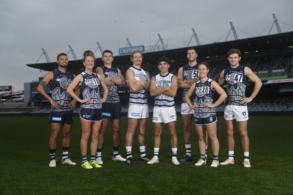 The Cats’ AFL and AFLW players in the club’s Indigenous jumpers.