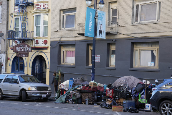 A homeless encampment is seen along Leavenworth Street in the Tenderloin district of San Francisco last week.