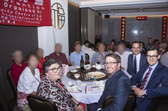 Legislative Council president Kate Doust, senior policy adviser to Deputy Premier Roger Cook, and Liberal candidates for Bateman and Riverton Matthew Woodall and Anthony Spagnolo at the dinner. 