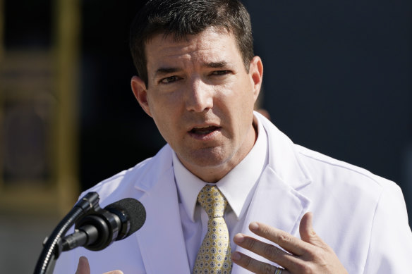 Dr Sean Conley, physician to President Donald Trump, briefs reporters on the condition of Donald Trump at Walter Reed National Military Medical Centre.
