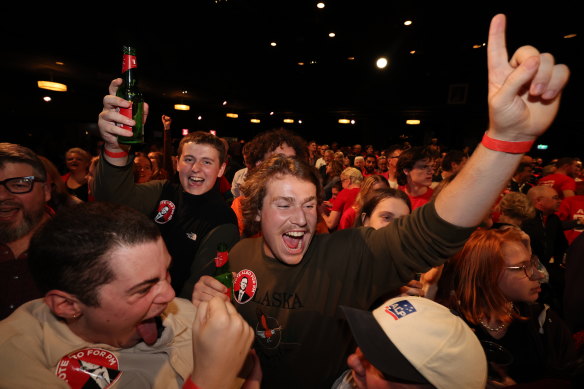 The Labor faithful in celebratory mode at Canterbury-Hurlstone Park RSL Club on Saturday night.