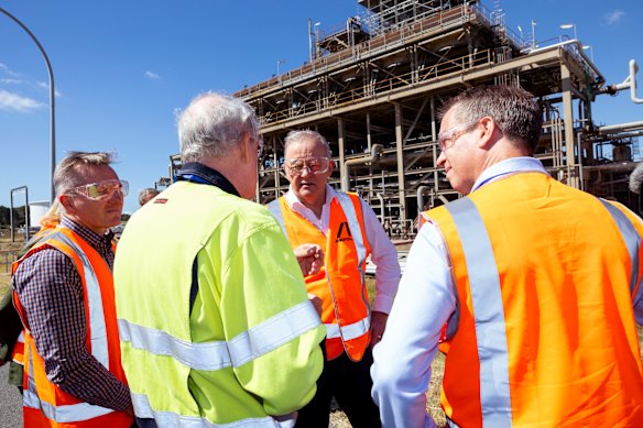 Prime Minister Anthony Albanese and Minister for Climate Change and Energy Chris Bowen during a visit to Ampol Lytton Oil Refinery in Brisbane on Thursday.