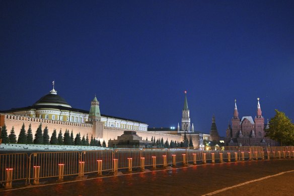 An empty Red Square in Moscow on Saturday.